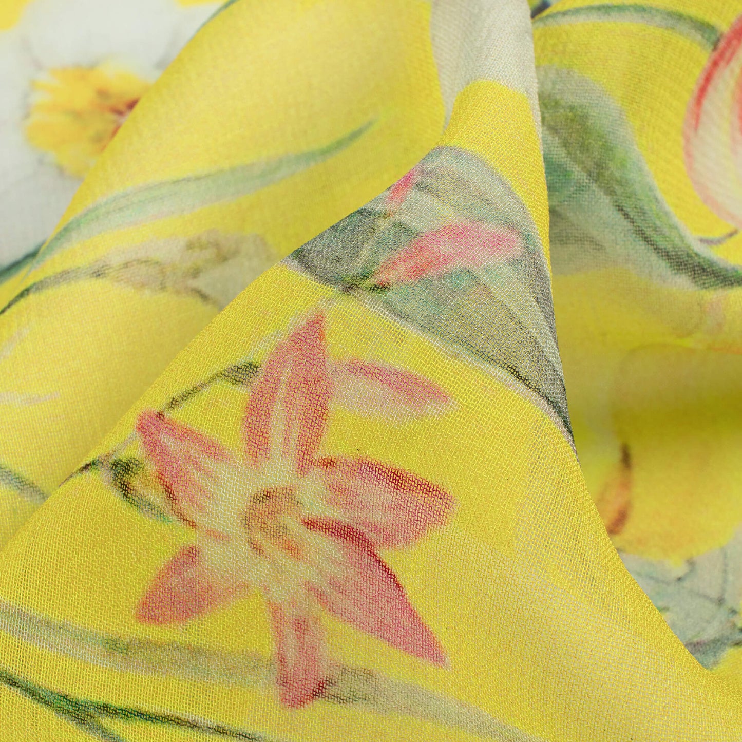 Canary Yellow And Pink Floral Pattern Digital Print Pure Georgette Fabric