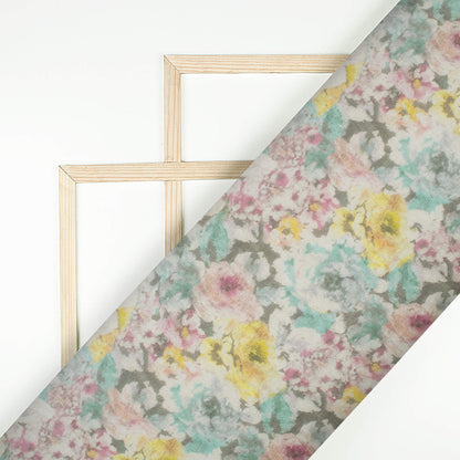 Army Green And Off White Floral Pattern Digital Print Pure Georgette Fabric