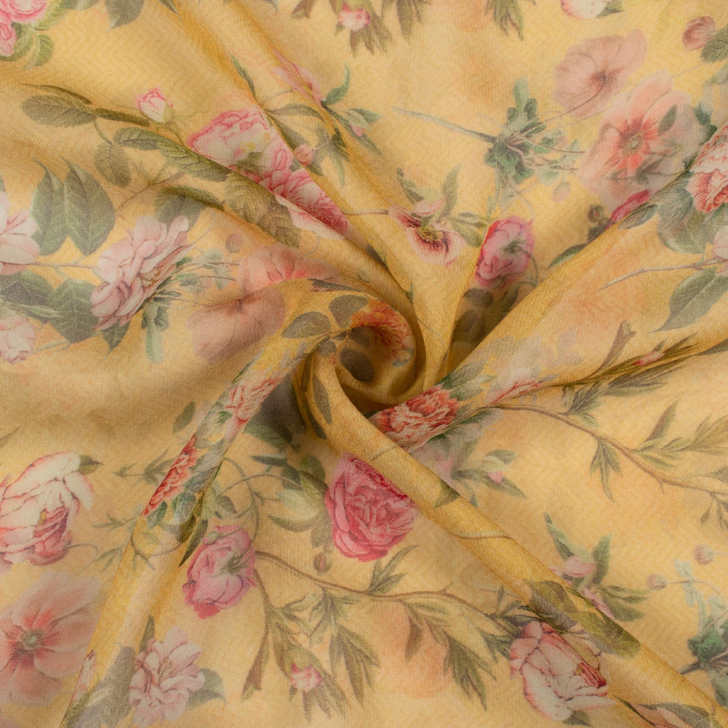 Dijon Yellow And Pink Floral Pattern Digital Print Pure Georgette Fabric