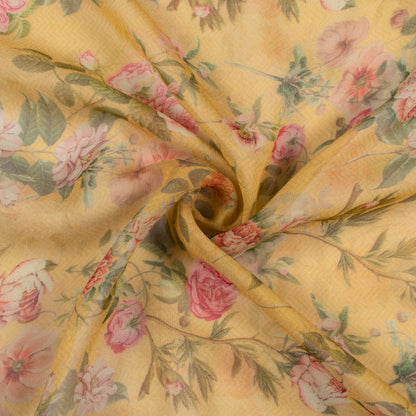 Dijon Yellow And Pink Floral Pattern Digital Print Pure Georgette Fabric