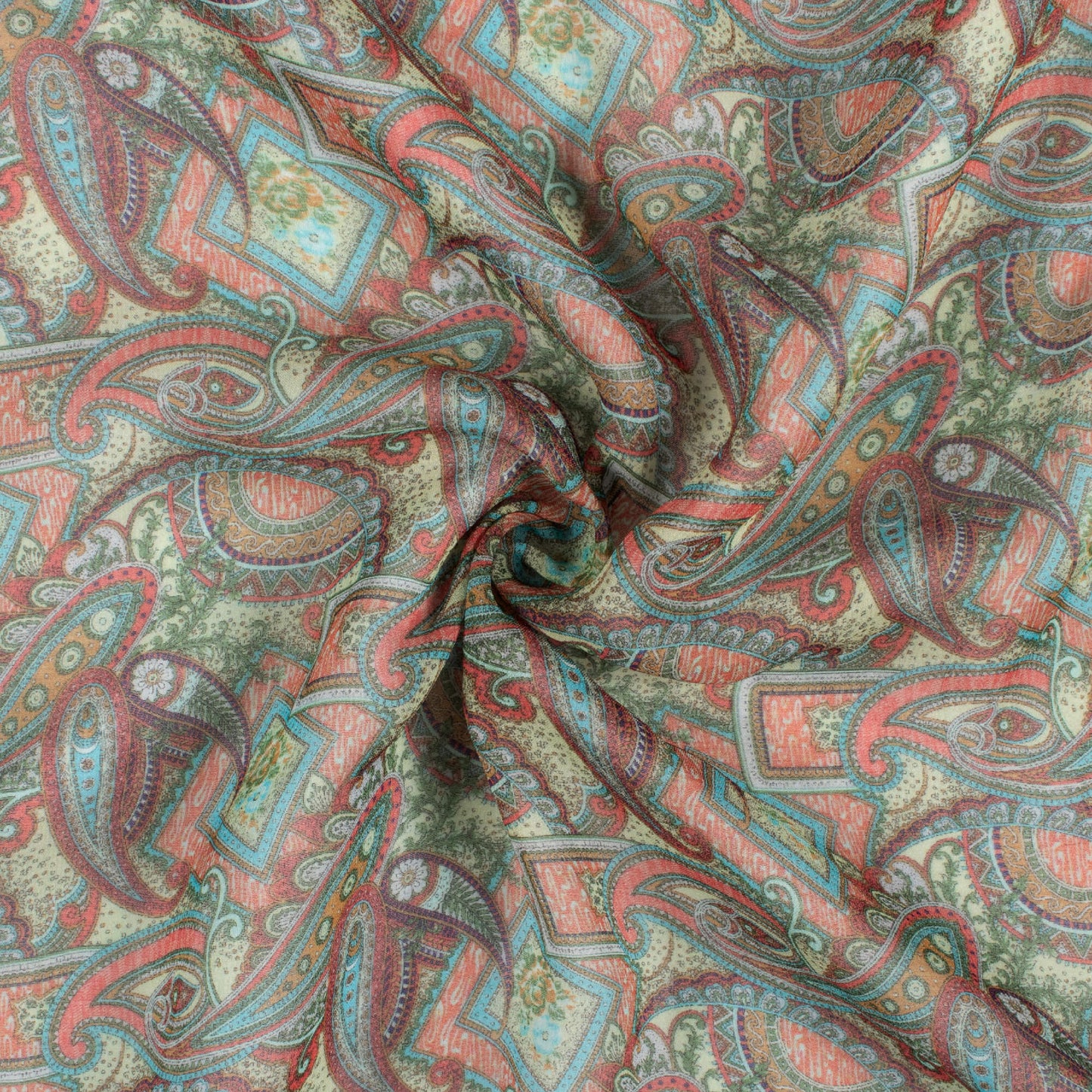 Red And Tea Green Paisley Pattern Digital Print Pure Georgette Fabric