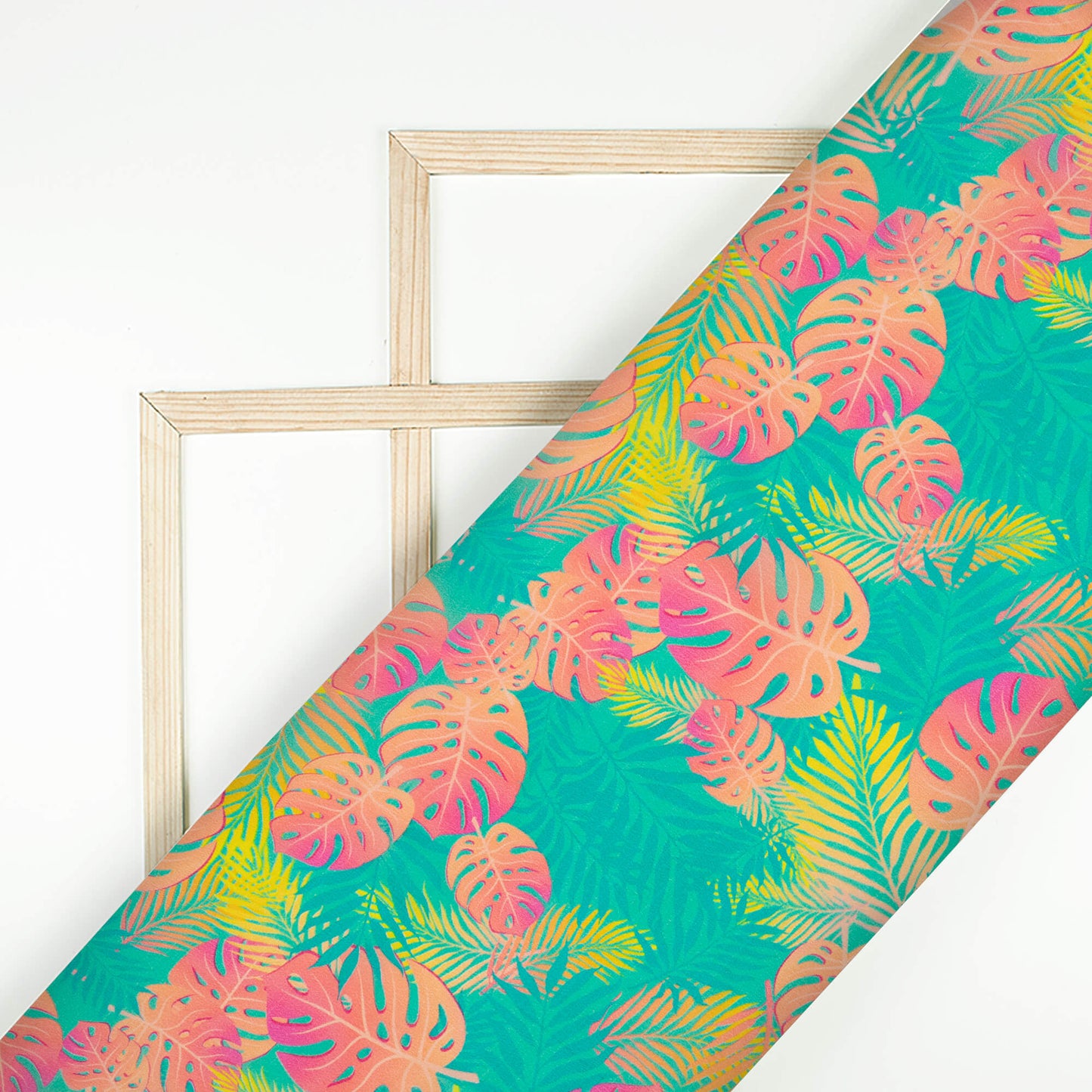 Sea Green And Salmon Pink Leaf Pattern Digital Print Viscose Natural Crepe Fabric
