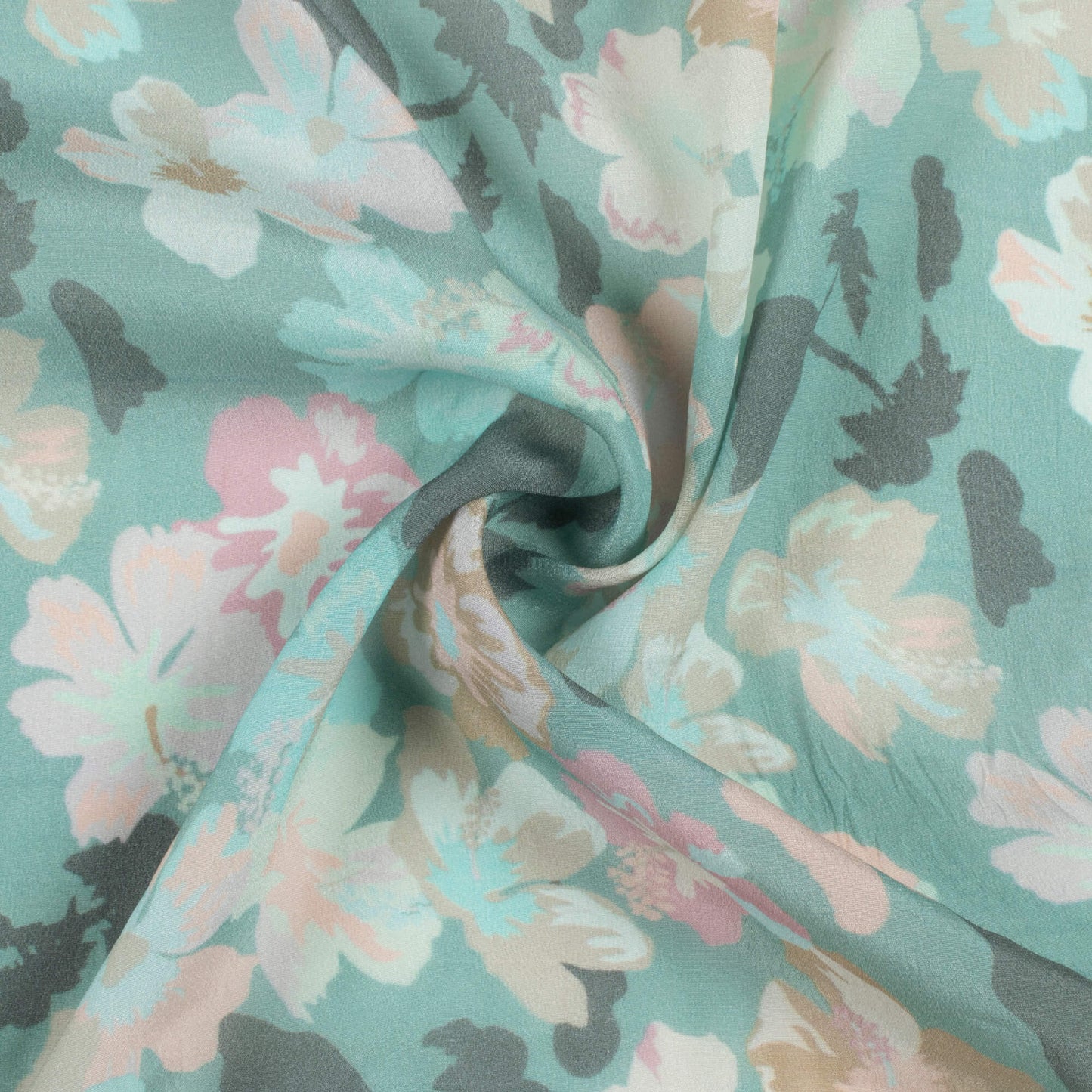 Stone Blue And Pale Pink Floral Pattern Digital Print Viscose Natural Crepe Fabric