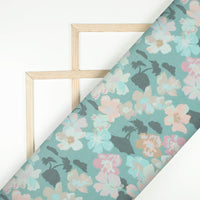 Stone Blue And Pale Pink Floral Pattern Digital Print Viscose Natural Crepe Fabric