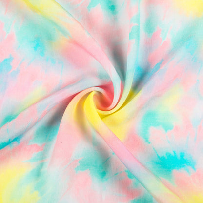 Lemon Yellow And Salmon Pink Tye And Dye Pattern Digital Print Viscose Natural Crepe Fabric
