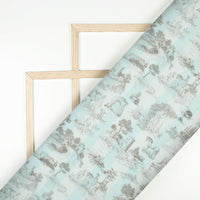 Pale Blue And Grey Quirky Pattern Digital Print Viscose Natural Crepe Fabric