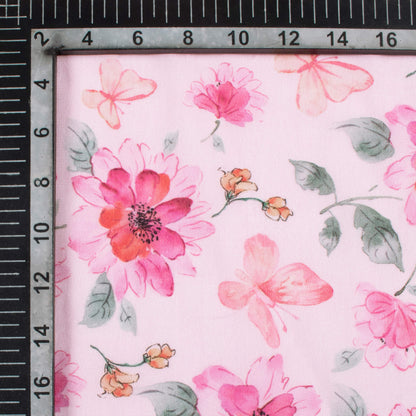 Taffy Pink And Swamp Green Floral Pattern Digital Print Viscose Natural Crepe Fabric