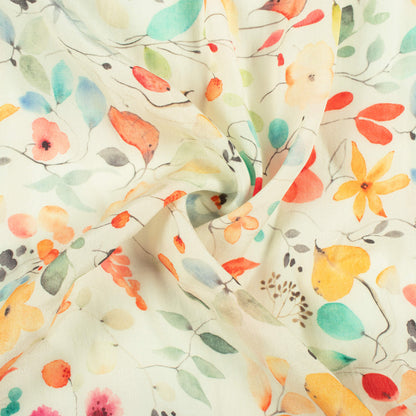 Pastel Yellow And Salmon Orange Floral Pattern Digital Print Viscose Natural Crepe Fabric