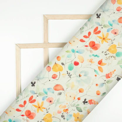 Pastel Yellow And Salmon Orange Floral Pattern Digital Print Viscose Natural Crepe Fabric