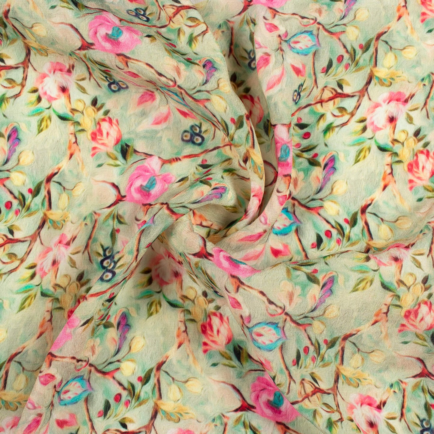 Laurel Green And Pink Floral Pattern Digital Print Viscose Natural Crepe Fabric