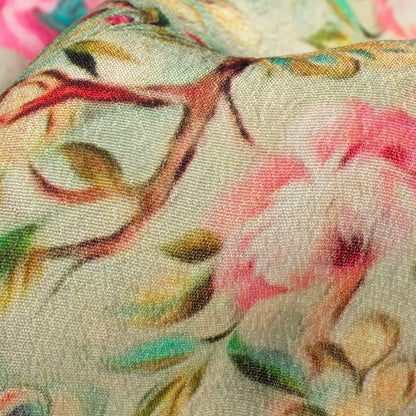 Laurel Green And Pink Floral Pattern Digital Print Viscose Natural Crepe Fabric