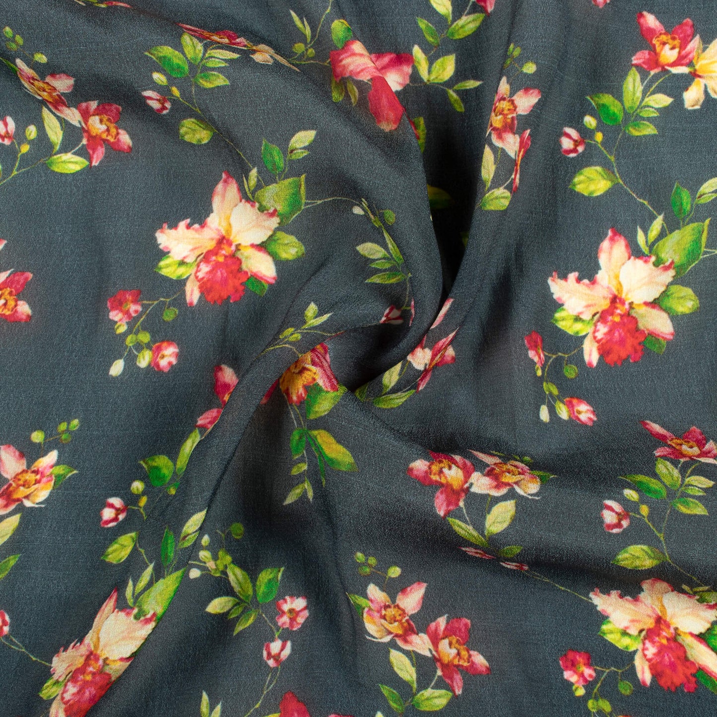 Dark Grey and Red Floral Pattern Digital Print Viscose Natural Crepe Fabric