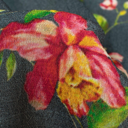 Dark Grey and Red Floral Pattern Digital Print Viscose Natural Crepe Fabric