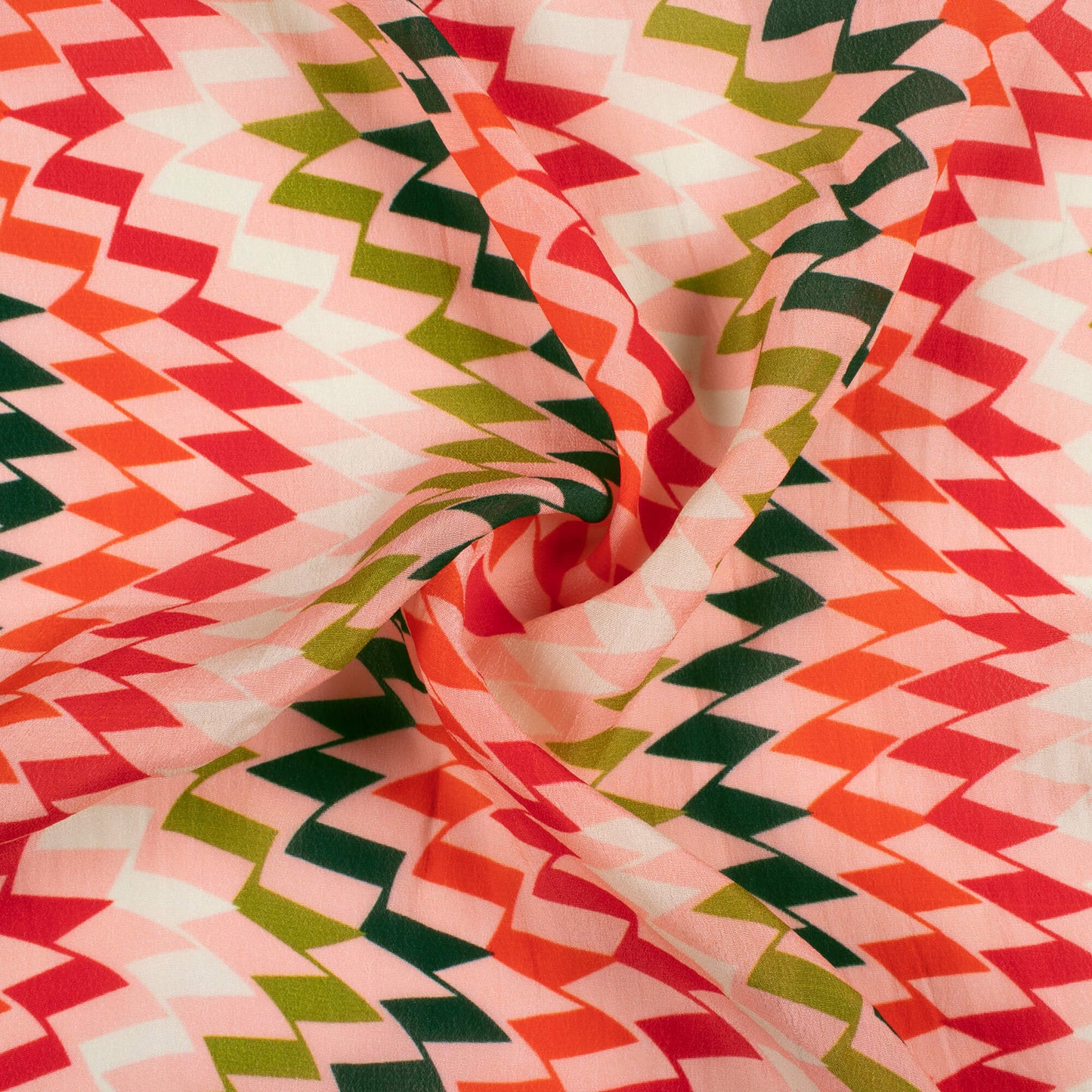 Flamingo Pink and Red Chevron Pattern Digital Print Viscose Natural Crepe Fabric