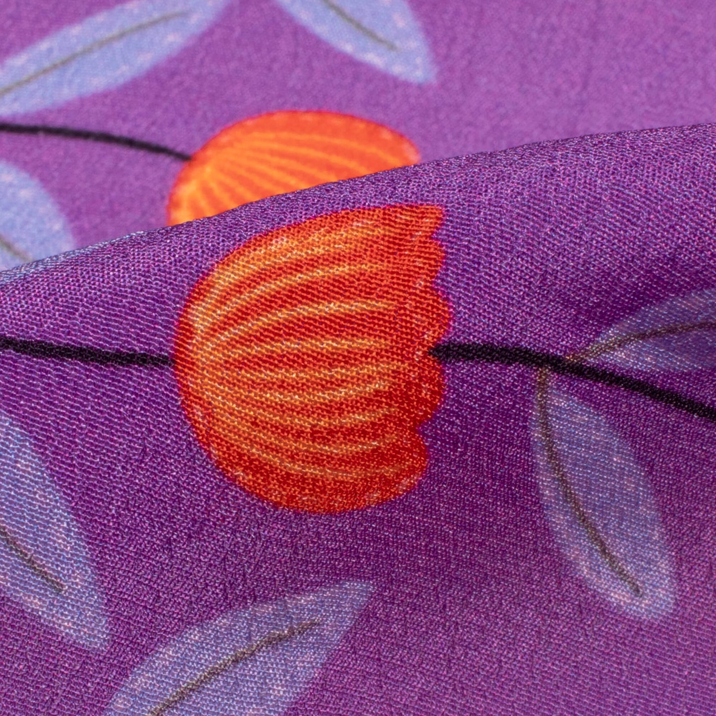 Grape Purple And Orange Floral Pattern Digital Print Viscose Natural Crepe Fabric