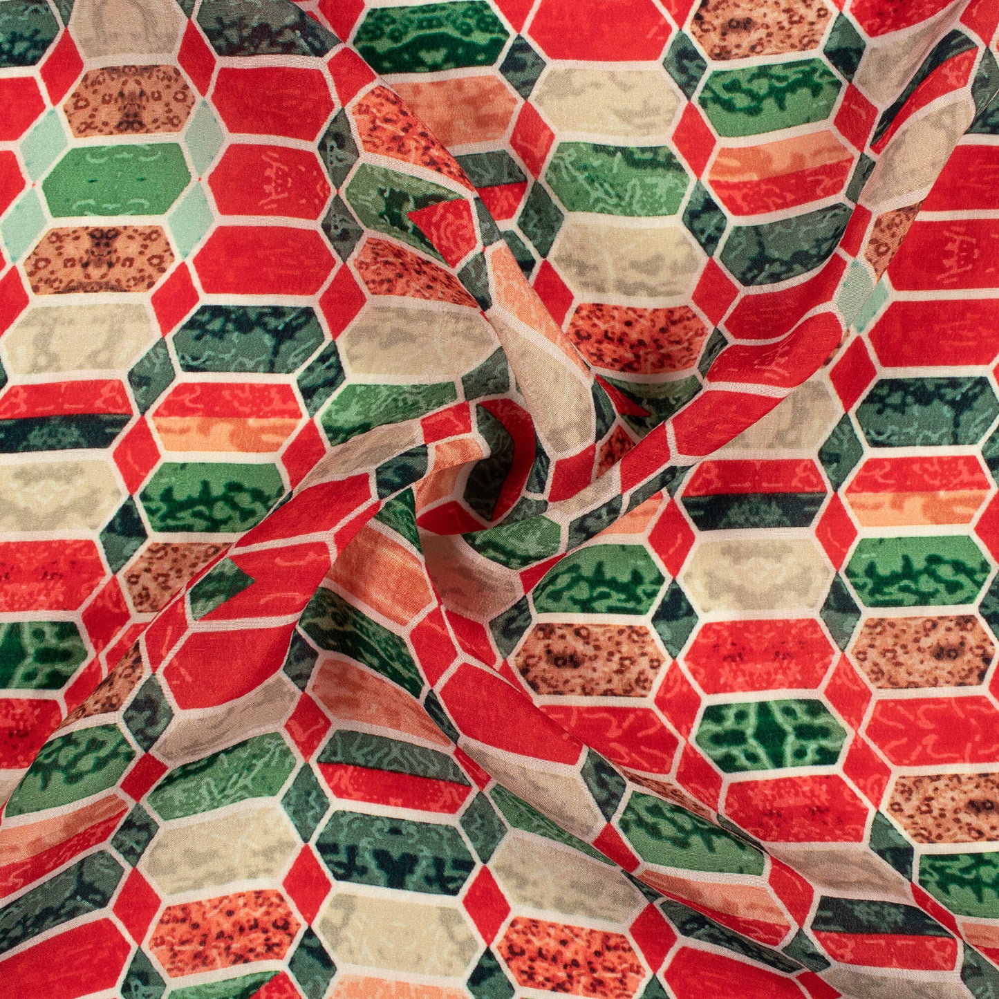 Vermilion Red And Sacramento Green Geometric Pattern Digital Print Viscose Natural Crepe Fabric