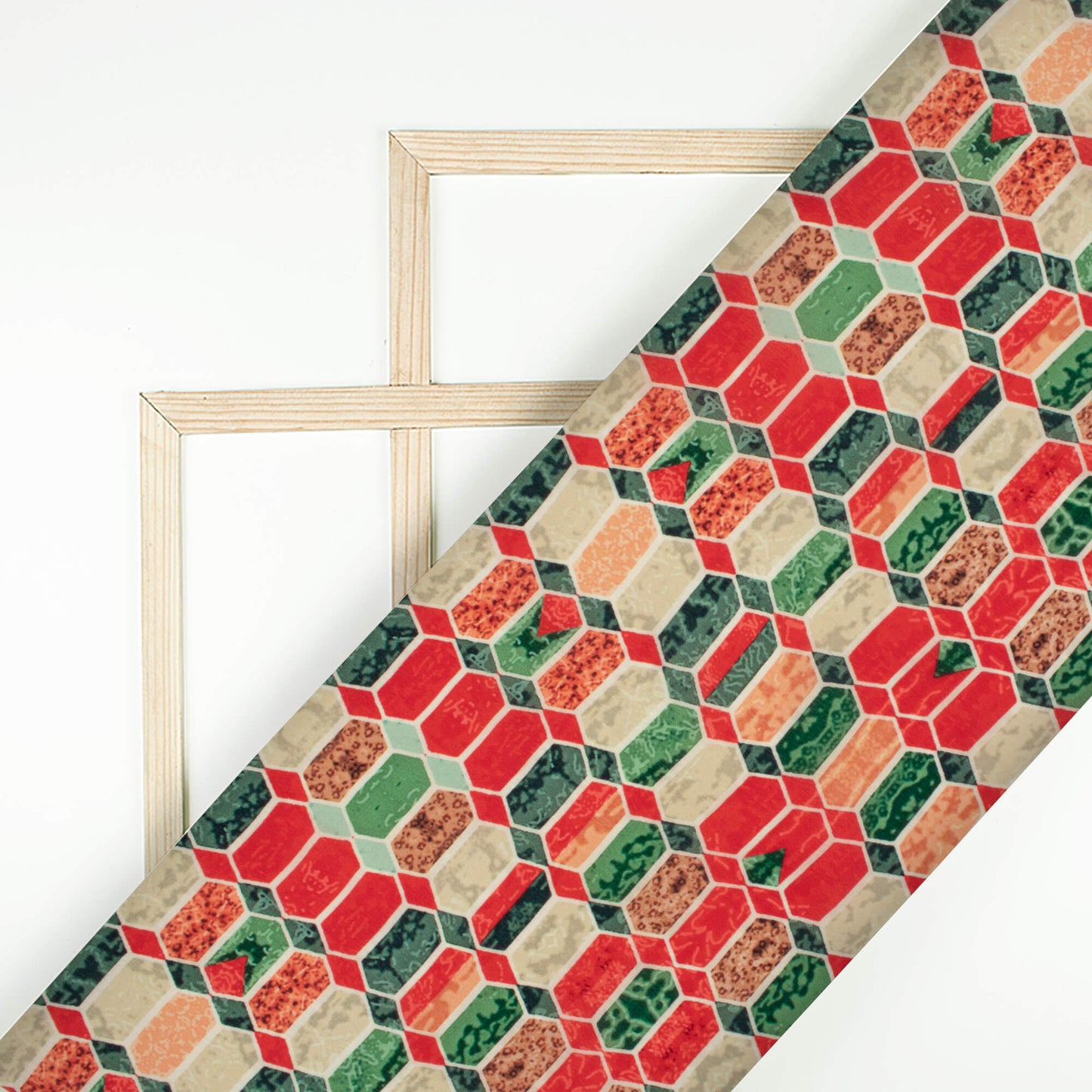 Vermilion Red And Sacramento Green Geometric Pattern Digital Print Viscose Natural Crepe Fabric