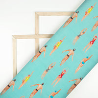 Baby Blue And Blood Red Quirky Pattern Digital Print Viscose Natural Crepe Fabric