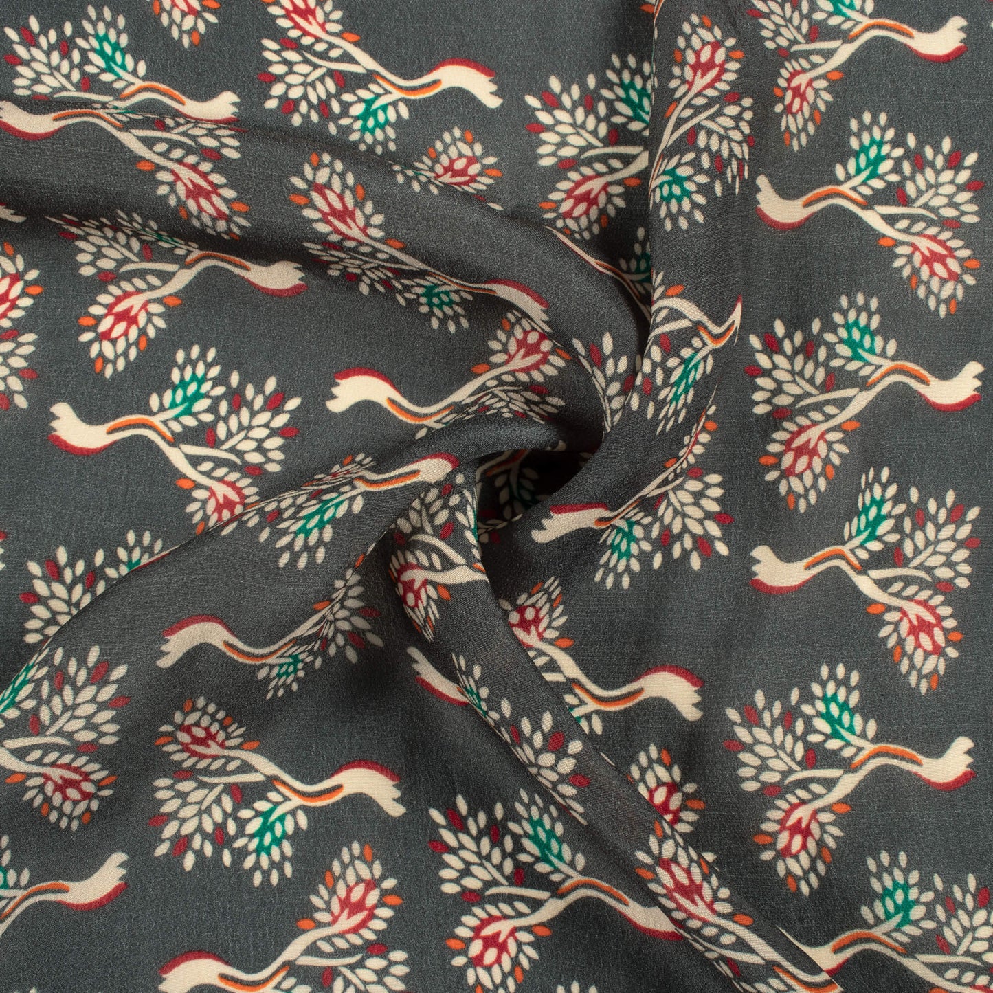 Grey And Maroon Leaf Pattern Digital Print Viscose Natural Crepe Fabric
