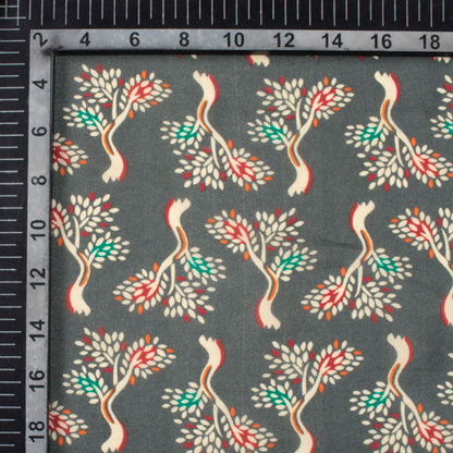 Grey And Maroon Leaf Pattern Digital Print Viscose Natural Crepe Fabric