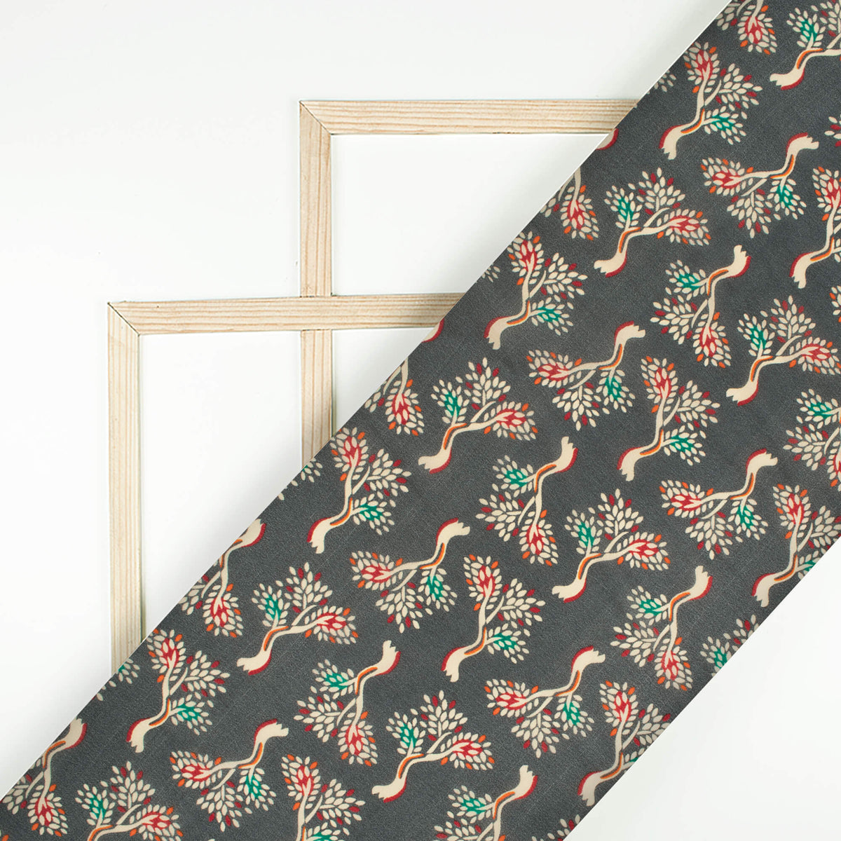 Grey And Maroon Leaf Pattern Digital Print Viscose Natural Crepe Fabric