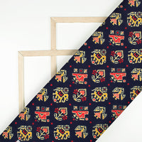Navy Blue And Vermilion Red Patolaa Pattern Digital Print Viscose Natural Crepe Fabric