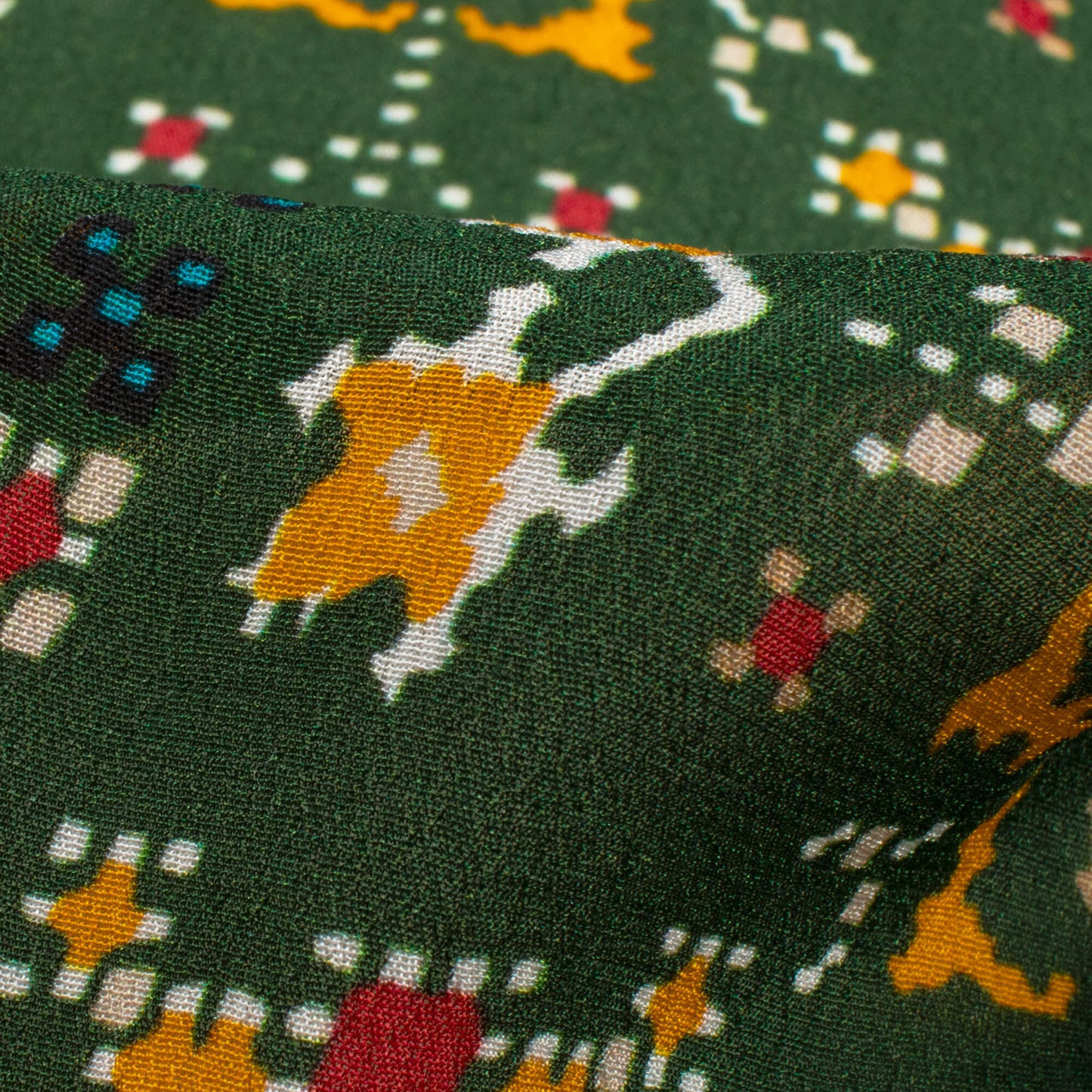 Forest Green And Honey Yellow Patola Pattern Digital Print Viscose Natural Crepe Fabric