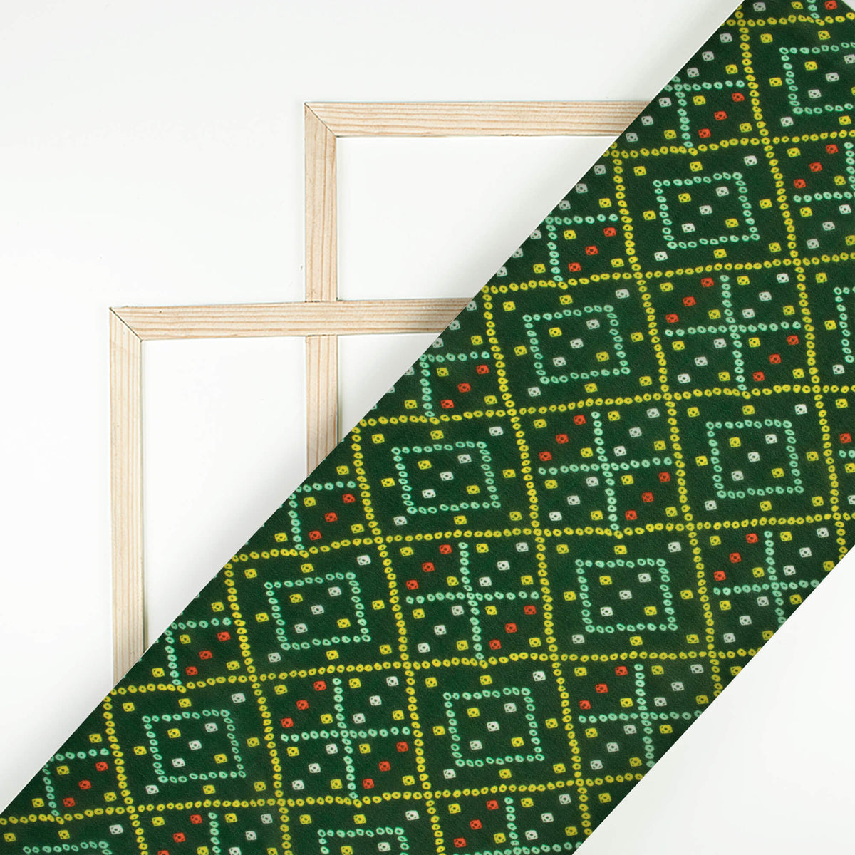 Forest Green And Lemon Yellow Bandhani Pattern Digital Print Viscose Natural Crepe Fabric