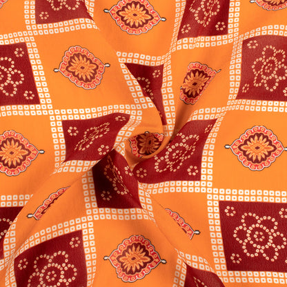 Tangrine Orange And Maroon Traditional Pattern Digital Print Viscose Natural Crepe Fabric