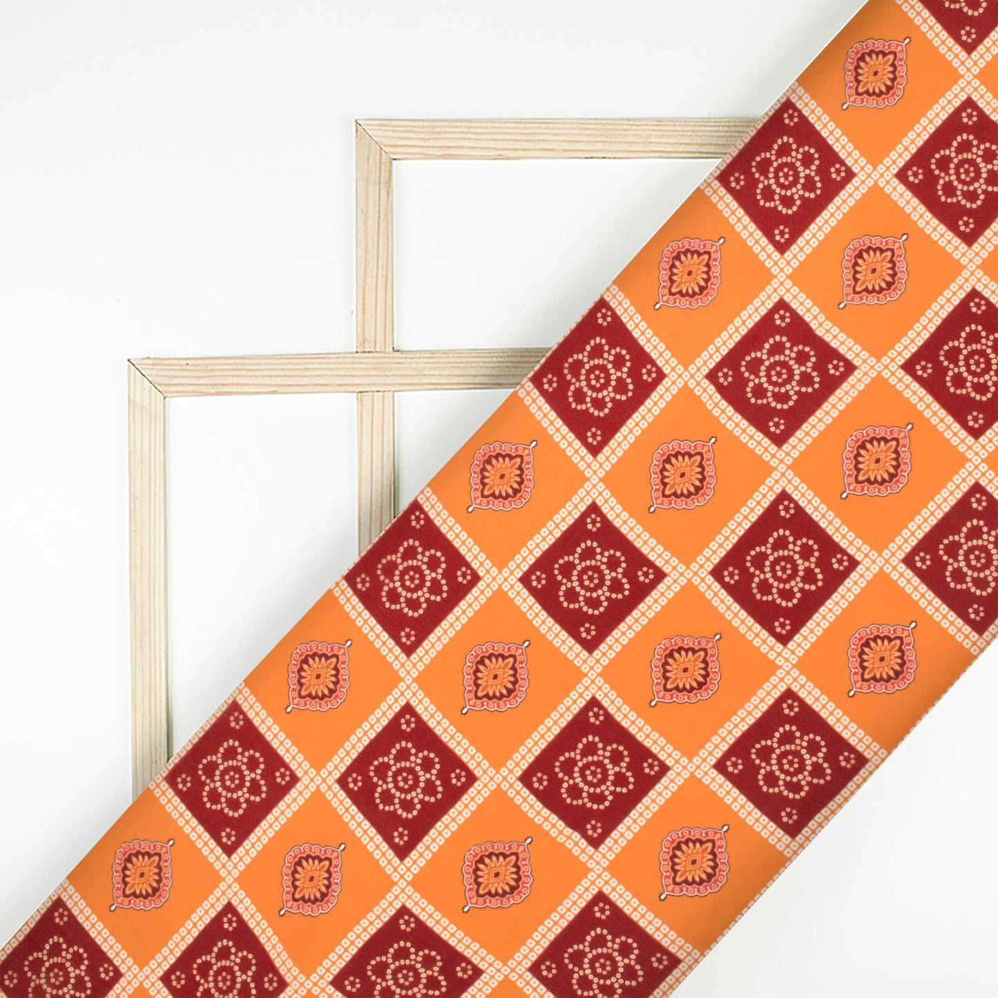 Tangrine Orange And Maroon Traditional Pattern Digital Print Viscose Natural Crepe Fabric
