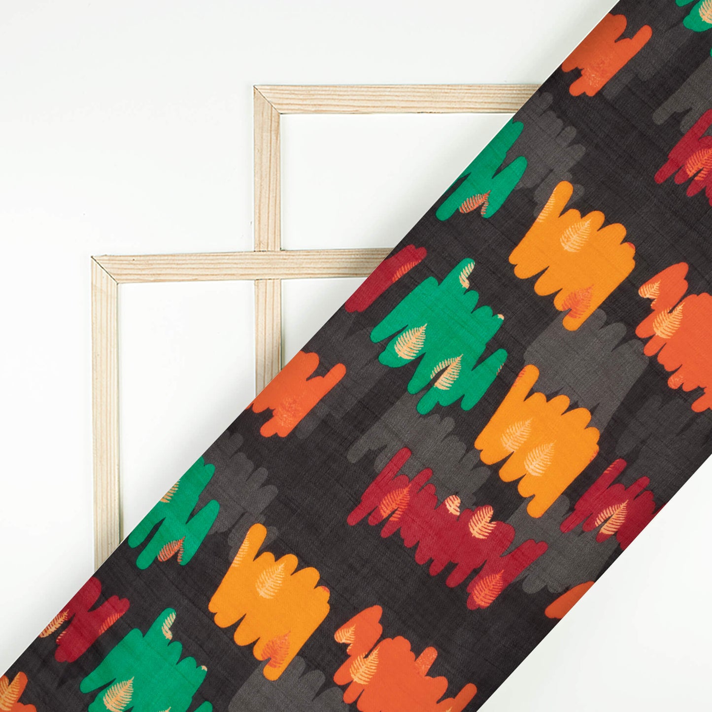 Black And Orange Quirky Pattern Digital Print Viscose Paper Silk Fabric