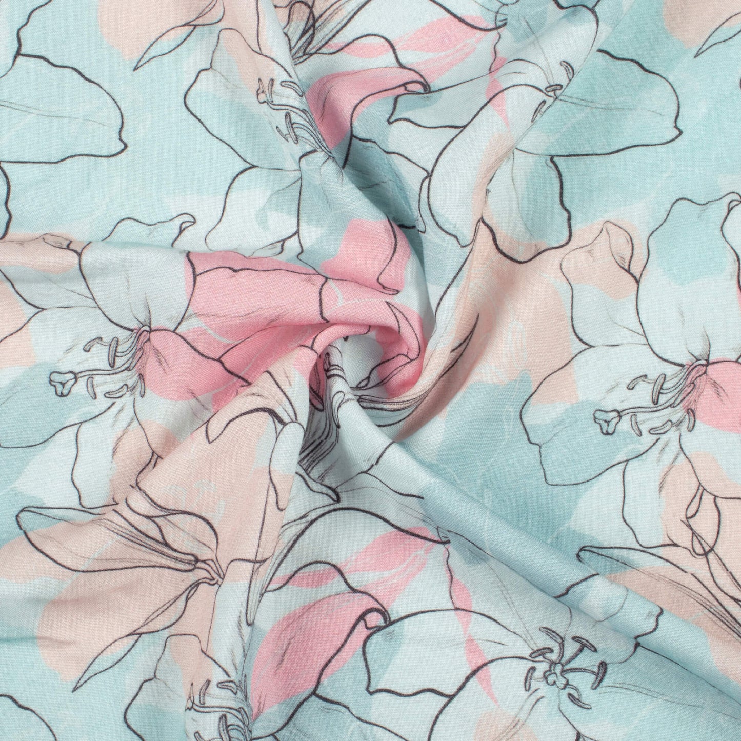 Stone Blue And Baby Pink Floral Pattern Digital Print Viscose Rayon Fabric (Width 58 Inches)