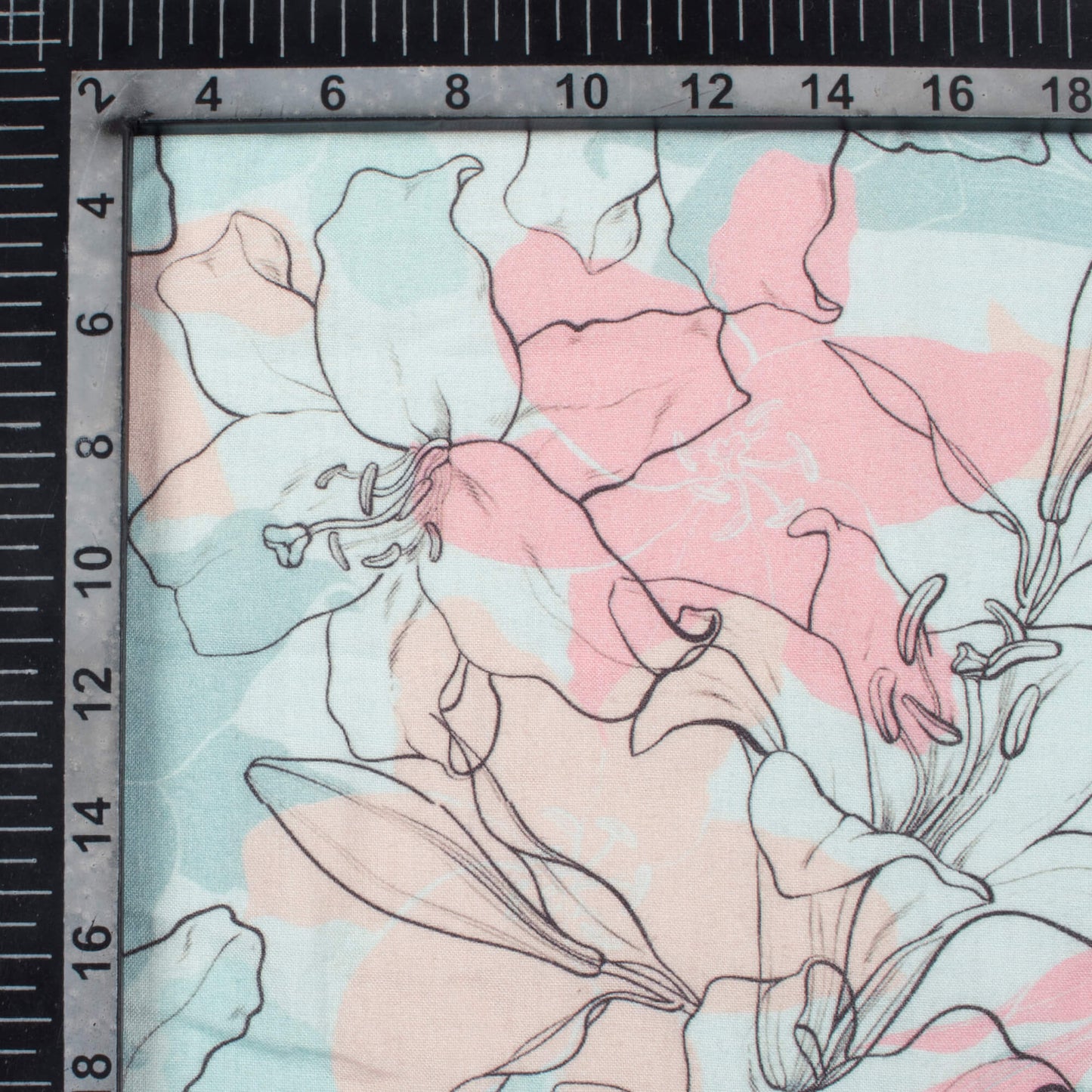 Stone Blue And Baby Pink Floral Pattern Digital Print Viscose Rayon Fabric (Width 58 Inches)