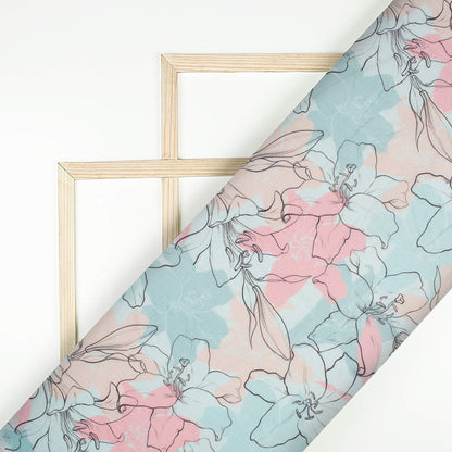 Stone Blue And Baby Pink Floral Pattern Digital Print Viscose Rayon Fabric (Width 58 Inches)