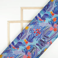 Navy Blue And Red Leaf Pattern Digital Print Viscose Rayon Fabric (Width 58 Inches)
