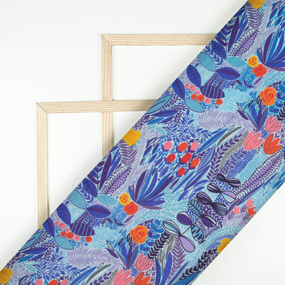 Navy Blue And Red Leaf Pattern Digital Print Viscose Rayon Fabric (Width 58 Inches)