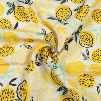 Lemon Yellow And Black Quirky Pattern Digital Print Viscose Rayon Fabric (Width 58 Inches)