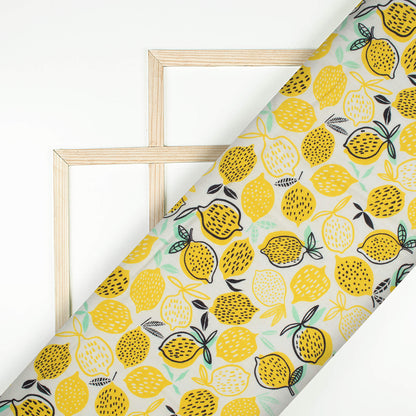 Lemon Yellow And Black Quirky Pattern Digital Print Viscose Rayon Fabric (Width 58 Inches)