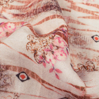 Macaroon Cream And Pale Pink Floral Pattern Digital Print Viscose Rayon Fabric (Width 58 Inches)