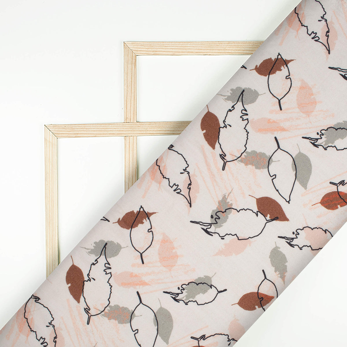 Macaroon Cream And Pale Pink Leaf Pattern Digital Print Viscose Rayon Fabric (Width 58 Inches)