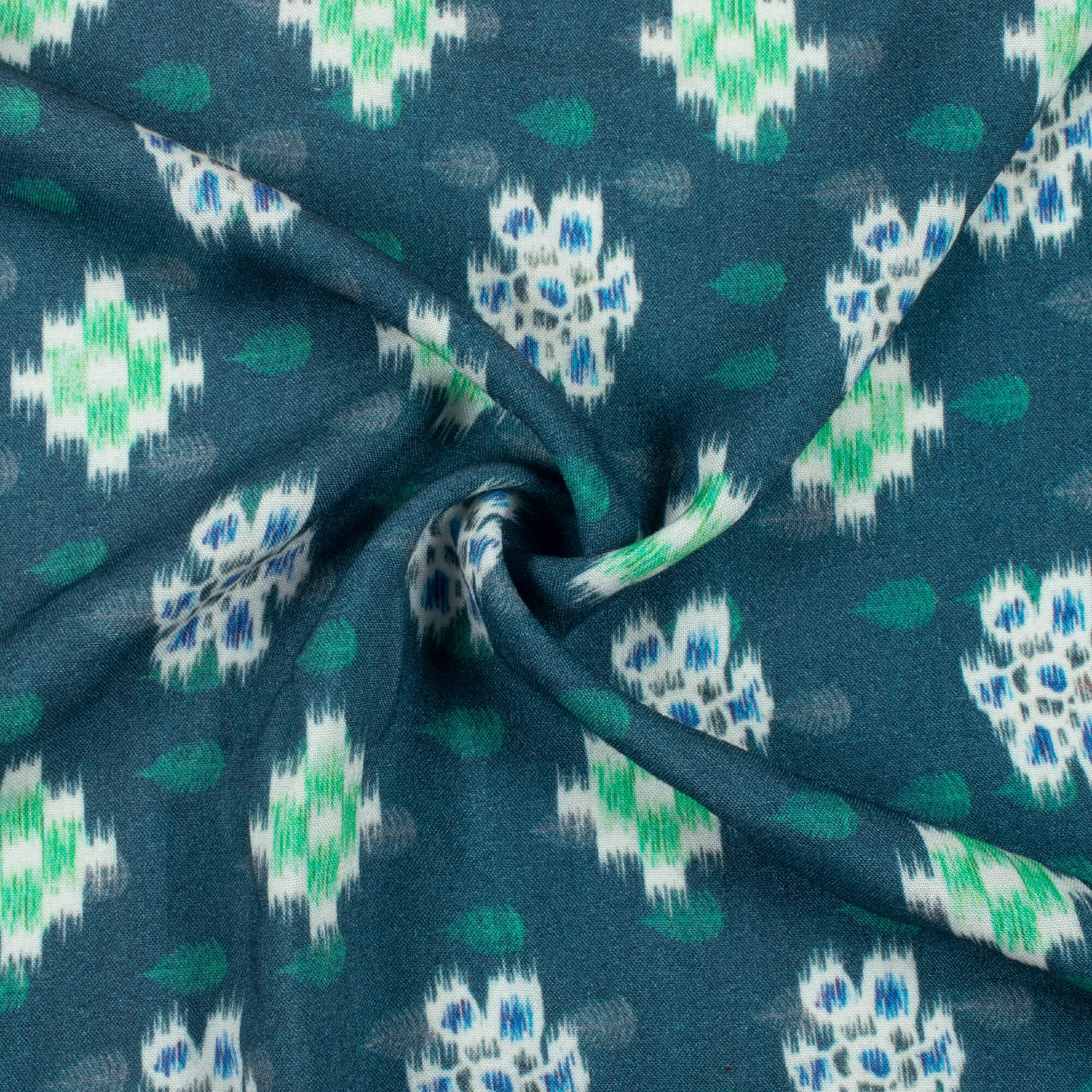 Pine Green And White Geometric Pattern Digital Print Viscose Rayon Fabric (Width 58 Inches)