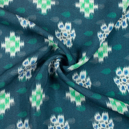 Pine Green And White Geometric Pattern Digital Print Viscose Rayon Fabric (Width 58 Inches)