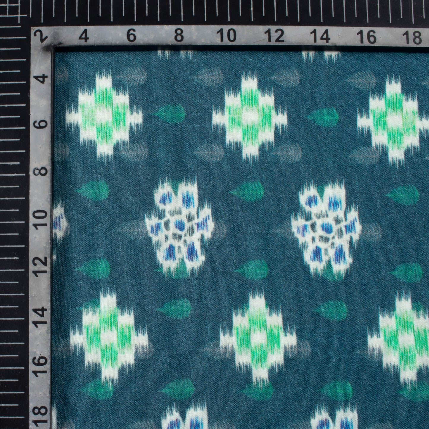 Pine Green And White Geometric Pattern Digital Print Viscose Rayon Fabric (Width 58 Inches)