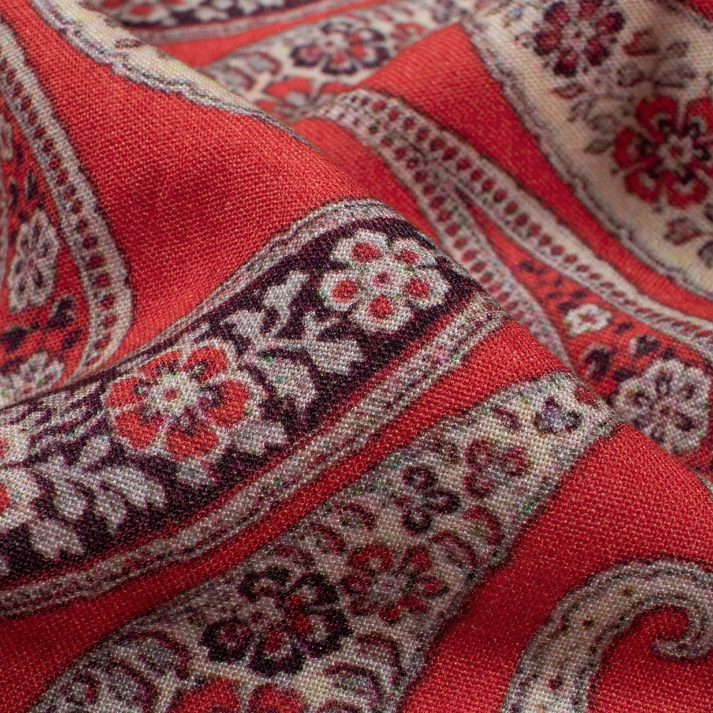 Vermilion Red And Beige Paisley Pattern Digital Print Viscose Rayon Fabric (Width 58 Inches)