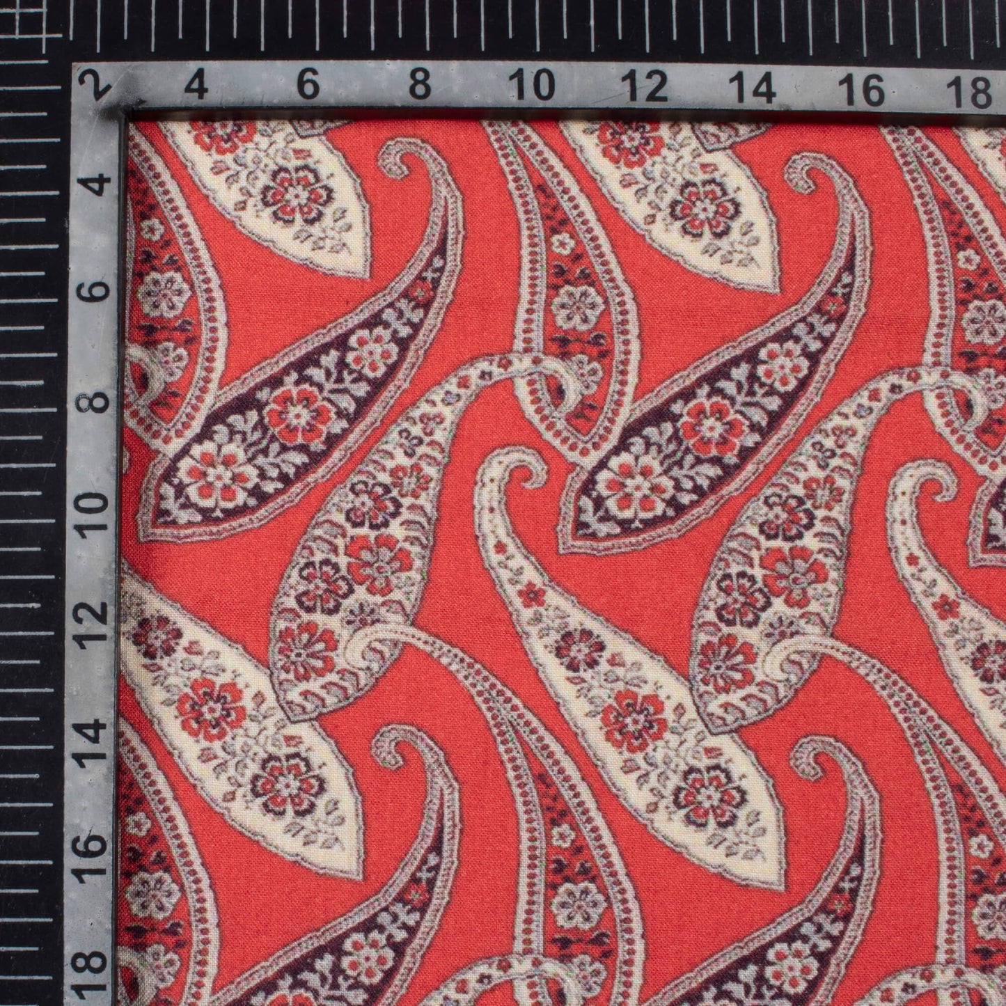Vermilion Red And Beige Paisley Pattern Digital Print Viscose Rayon Fabric (Width 58 Inches)