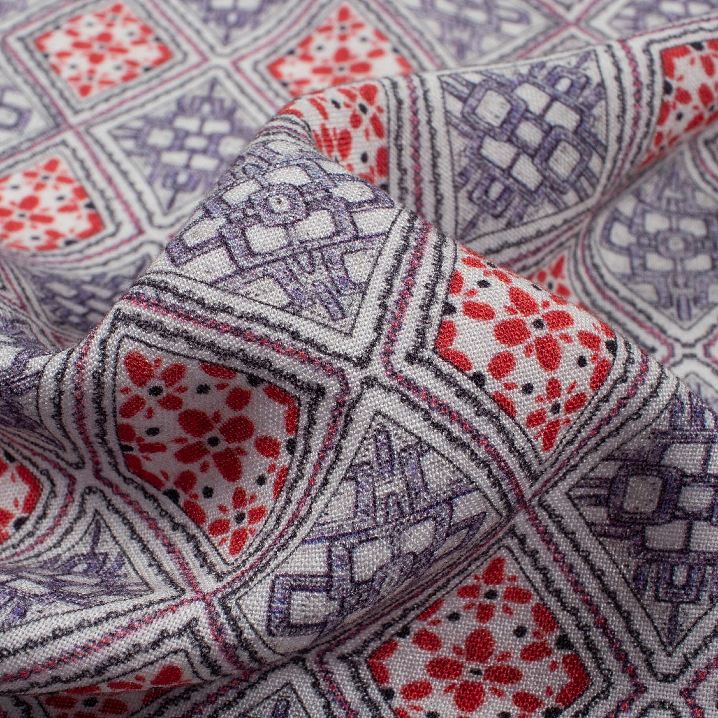 Vermilion Red And Blue Geometric Pattern Digital Print Viscose Rayon Fabric (Width 58 Inches)