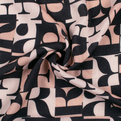 Black And Peach Quirky Pattern Digital Print Viscose Rayon Fabric (Width 58 Inches)