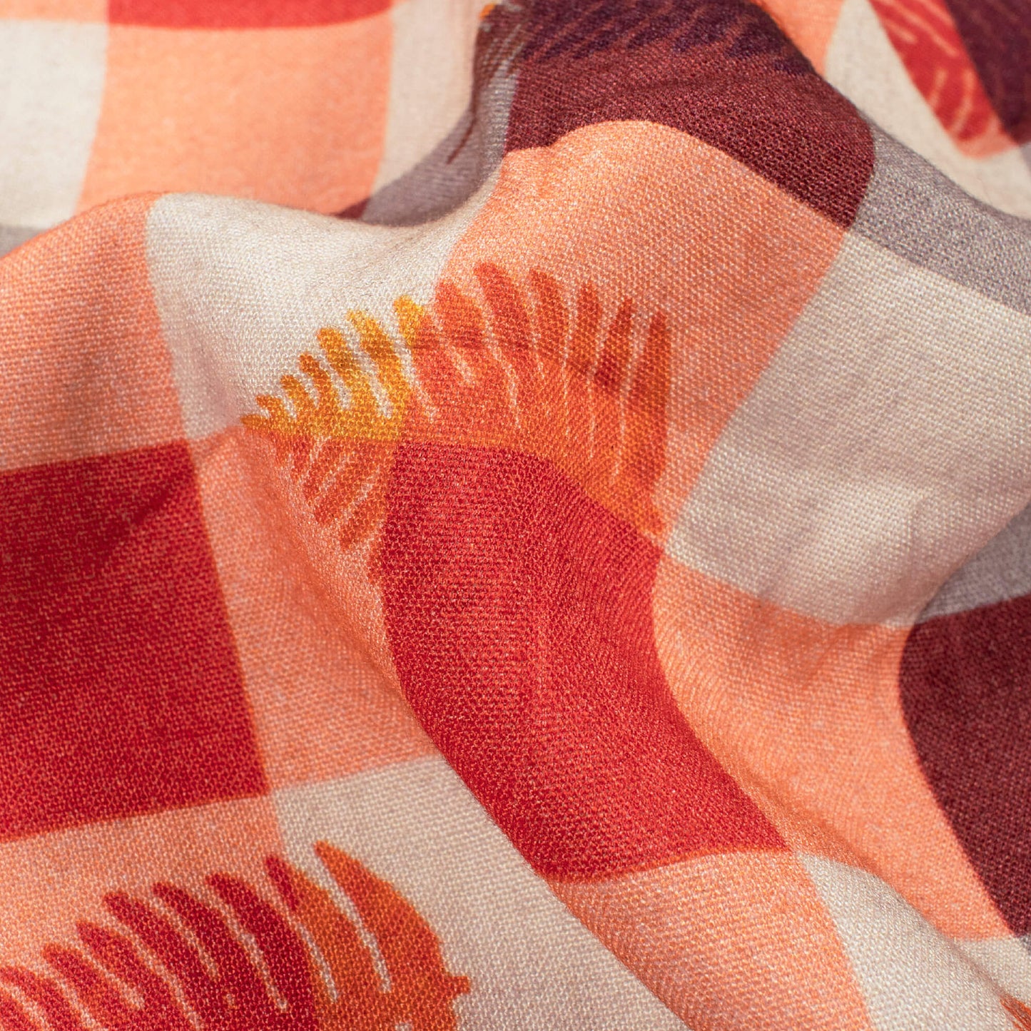 Coral Peach And Vermilion Red Checks Pattern Digital Print Viscose Rayon Fabric (Width 58 Inches)