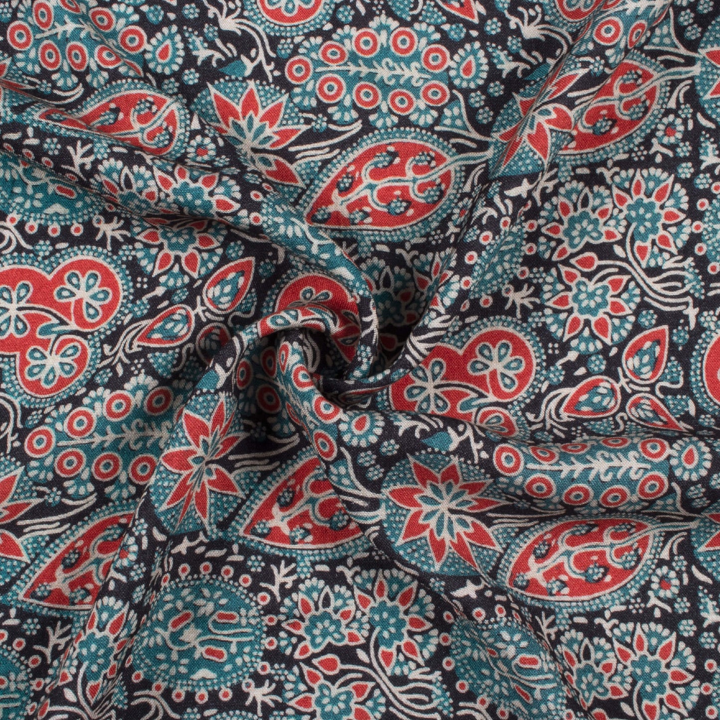 Stone Blue And Sangria Red Traditional Pattern Digital Print Viscose Rayon Fabric (Width 58 Inches)