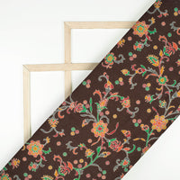 Coffee Brown And Orange Floral Pattern Digital Print Viscose Rayon Fabric (Width 58 Inches)